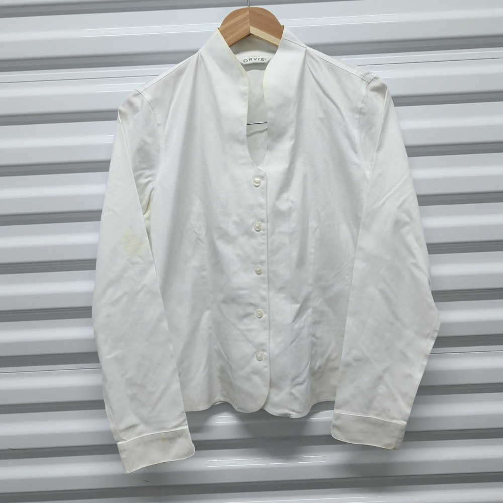 Orvis White Cotton Button Down Shirt Size 10 Womens Notched Collar Long Sleeve